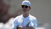 May 20, 2025; El Segundo, CA, USA; Los Angeles Chargers coach Jim Harbaugh looks on during offseason workouts at The Bolt. Mandatory Credit: Kirby Lee-Imagn Images