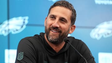 Philadelphia Eagles coach Nick Sirianni at the press conference at the Neo Quimica Arena.