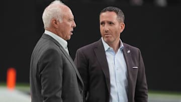 Oct 24, 2021; Paradise, Nevada, USA; Philadelphia Eagles owner Jeffrey Lurie (left) and general manager Howie Roseman watch from the sidelines during the game against the Las Vegas Raiders  at Allegiant Stadium. Mandatory Credit: Kirby Lee-Imagn Images