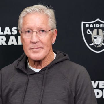 Las Vegas Raiders coach Pete Carroll on radio row during the NFL Scouting Combine .