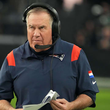 Dec 18, 2022; Paradise, Nevada, USA; iNew England Patriots head coach Bill Belichick reacts in the second half against the Las Vegas Raiders at Allegiant Stadium. The Raiders defeated the Patriots 30-24. Mandatory Credit: Kirby Lee-Imagn Images