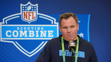 Feb 25, 2025; Indianapolis, IN, USA; Tennessee Titans general manager Mike Borgonzi speaks during the NFL Scouting Combine at the Indiana Convention Center. Mandatory Credit: Kirby Lee-Imagn Images