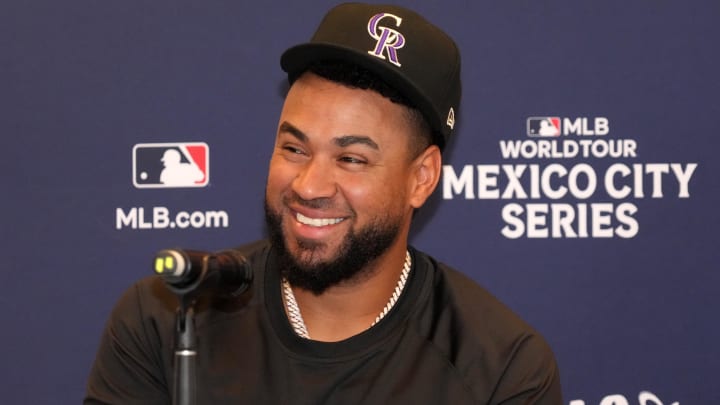 Apr 27, 2024; Mexico City, Mexico; Colorado Rockies catcher Elias Díaz at a press conference during the MLB World Tour Mexico Series game at Estadio Alfredo Harp Helu. Mandatory Credit: Kirby Lee-USA TODAY Sports