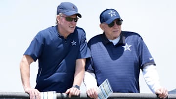 Jul 22, 2025; Oxnard, CA, USA; Dallas Cowboys owner Jerry Jones  (right) and son Jerry Jones Jr. during training camp at the River Ridge Fields. Mandatory Credit: Kirby Lee-Imagn Images