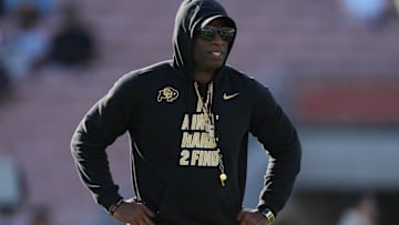 Oct 28, 2023; Pasadena, California, USA; Colorado Buffaloes head coach Deion Sanders reacts during
