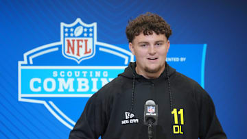 Feb 26, 2025; Indianapolis, IN, USA; Michigan defensive lineman Mason Graham (DL11) during the 2025 NFL Scouting Combine at the Indiana Convention Center. Mandatory Credit: Kirby Lee-Imagn Images