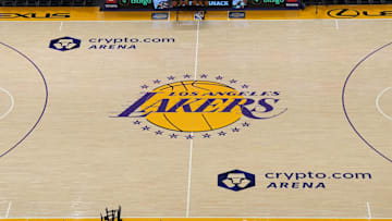 Dec 18, 2023; Los Angeles, California, USA; The Los Angeles Lakers logo at center court at the Crypto.com Arena. Mandatory Credit: Kirby Lee-Imagn Images