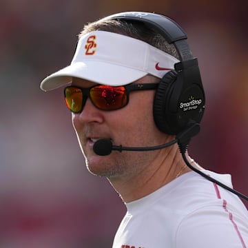 Nov 30, 2024; Los Angeles, California, USA; Southern California Trojans head coach Lincoln Riley reacts against the Notre Dame Fighting Irish in the second half at United Airlines Field at Los Angeles Memorial Coliseum. Mandatory Credit: Kirby Lee-Imagn Images