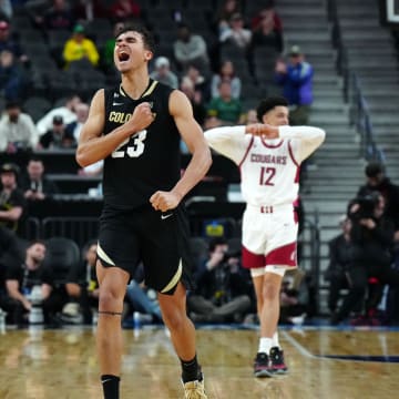 Mar 15, 2024; Las Vegas, NV, USA; Colorado Buffaloes forward Tristan da Silva (23) celebrates in the second half against the Washington State Cougars at T-Mobile Arena. Mandatory Credit: Kirby Lee-USA TODAY Sports