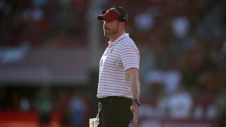 Oct 21, 2023; Los Angeles, California, USA; Southern California Trojans defensive coordinator Alex Grinch reacts against the Utah Utes in the first half at United Airlines Field at Los Angeles Memorial Coliseum. Mandatory Credit: Kirby Lee-Imagn Images