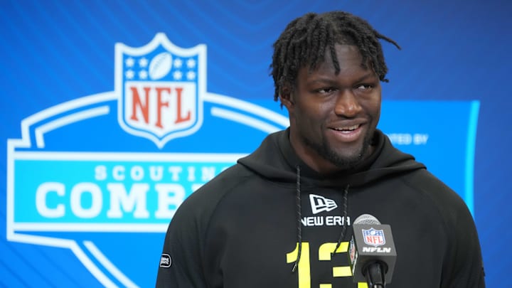 Feb 26, 2025; Indianapolis, IN, USA; South Carolina linebacker Demetrius Knight (LB13) during the 2025 NFL Scouting Combine at the Indiana Convention Center. Mandatory Credit: Kirby Lee-Imagn Images