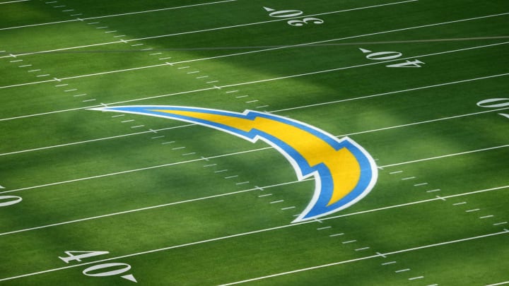 Dec 11, 2022; Inglewood, California, USA; The Los Angeles Chargers bolt logo at midfield before the game against the Miami Dolphins at SoFi Stadium. Mandatory Credit: Kirby Lee-USA TODAY Sports