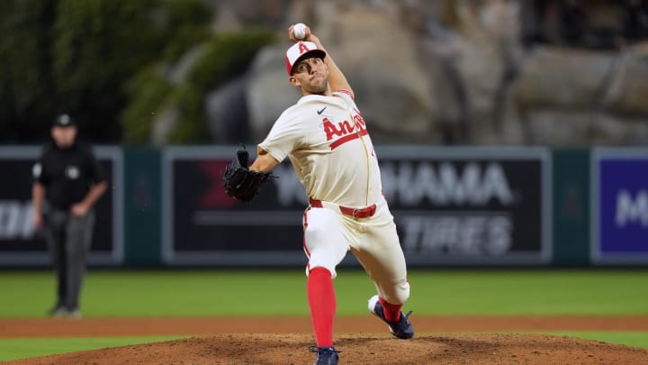 Jul 12, 2024; Anaheim, California, USA; Los Angeles Angels starting pitcher Tyler Anderson (31) throws in the fourth inning against the Seattle Mariners at Angel Stadium. Mandatory Credit: Kirby Lee-USA TODAY Sports