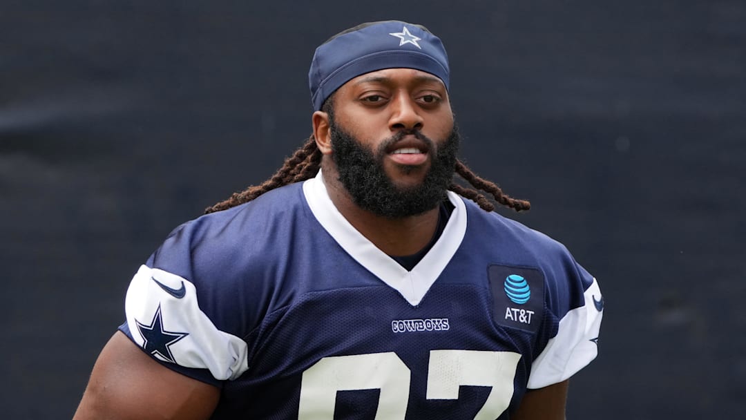 Jul 22, 2025; Oxnard, CA, USA; Dallas Cowboys defensive tackle Osa Odighizuwa (97) during training camp at the River Ridge Fields. Mandatory Credit: Kirby Lee-Imagn Images