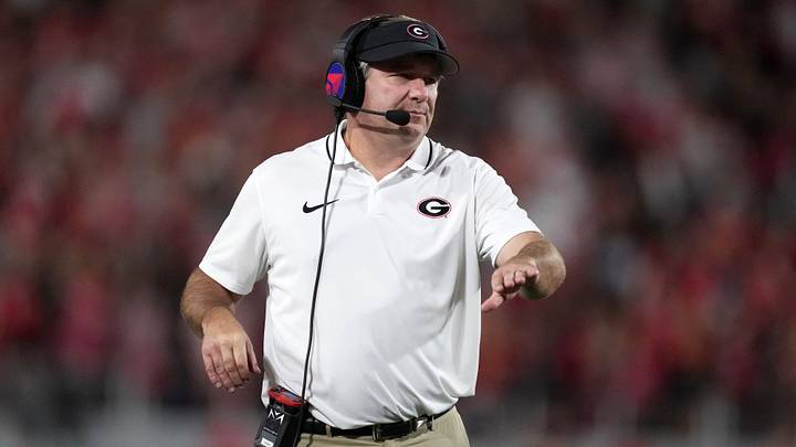 Sep 23, 2023; Athens, Georgia, USA; Georgia Bulldogs head coach Kirby Smart reacts against the UAB Blazers in the first half at Sanford Stadium. Mandatory Credit: Kirby Lee-USA TODAY Sports