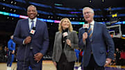ESPN analysts Doc Rivers, Doris Burke and Mike Breen during a game with the Los Angeles Lakers and the Dallas Mavericks
