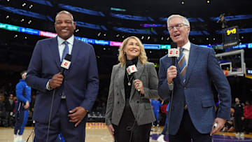 ESPN analysts Doc Rivers, Doris Burke and Mike Breen during a game with the Los Angeles Lakers and the Dallas Mavericks