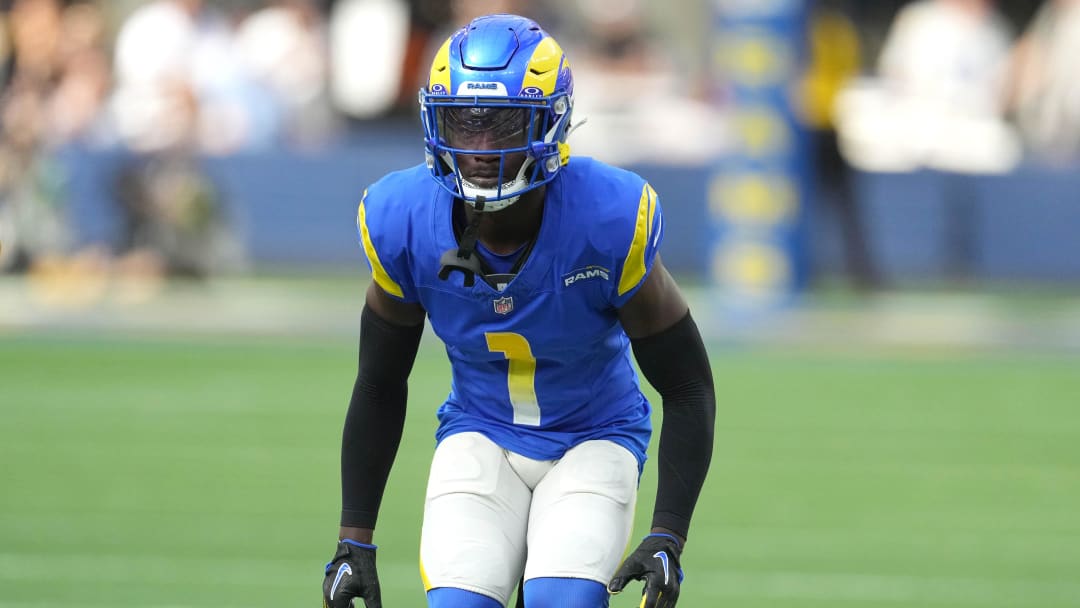 Oct 22, 2023; Inglewood, California, USA; Los Angeles Rams cornerback Derion Kendrick (1) in the first half against the Pittsburgh Steelers at SoFi Stadium.