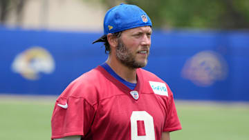 Jun 3, 2025; Woodland Hills, CA, USA; Los Angeles Rams quarterback Matthew Stafford (9) during organized team activities at Rams Practice Facility. Mandatory Credit: Kirby Lee-Imagn Images