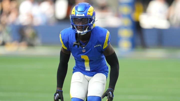 Oct 22, 2023; Inglewood, California, USA; Los Angeles Rams cornerback Derion Kendrick (1) in the first half against the Pittsburgh Steelers at SoFi Stadium.