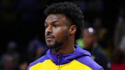 Mar 17, 2025; Los Angeles, California, USA; Los Angeles Lakers guard Bronny James during the game against the San Antonio Spurs at the Crypto.com Arena. Mandatory Credit: Kirby Lee-Imagn Images