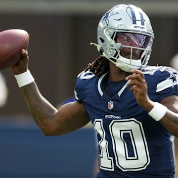 Dallas Cowboys quarterback Joe Milton III throws the ball against the Los Angeles Rams in the first half at SoFi Stadium.