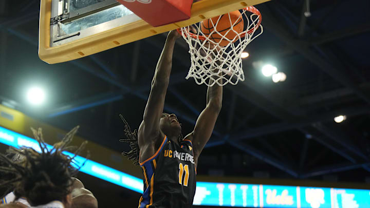 sNov 30, 2023; Los Angeles, California, USA; UC Riverside Highlanders guard Nate Pickens (11) dunks the ball against the UCLA Bruins in the first half at Pauley Pavilion presented by Wescom. Mandatory Credit: Kirby Lee-Imagn Images