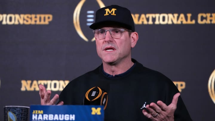 Jan 9, 2024; Houston, TX, USA; Michigan Wolverines coach Jim Harbaugh during College Football National Championship press conference at JW Marriot Houston by the Galleria. Mandatory Credit: Kirby Lee-USA TODAY Sports