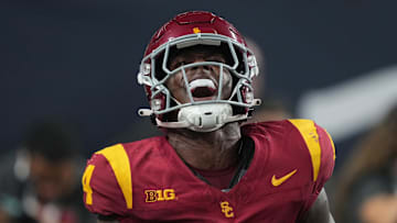 Sep 1, 2024; Paradise, Nevada, USA; Southern California Trojans running back Woody Marks (4) celebrates after scoring on a 13-yard touchdown run with eight seconds left against the LSU Tigers at Allegiant Stadium. Mandatory Credit: Kirby Lee-Imagn Images