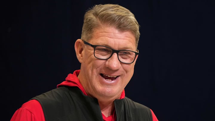 Feb 25, 2025; Indianapolis, IN, USA; Tampa Bay Buccaneers general manager Jason Licht speaks during the NFL Scouting Combine at the Indiana Convention Center. Mandatory Credit: Kirby Lee-Imagn Images