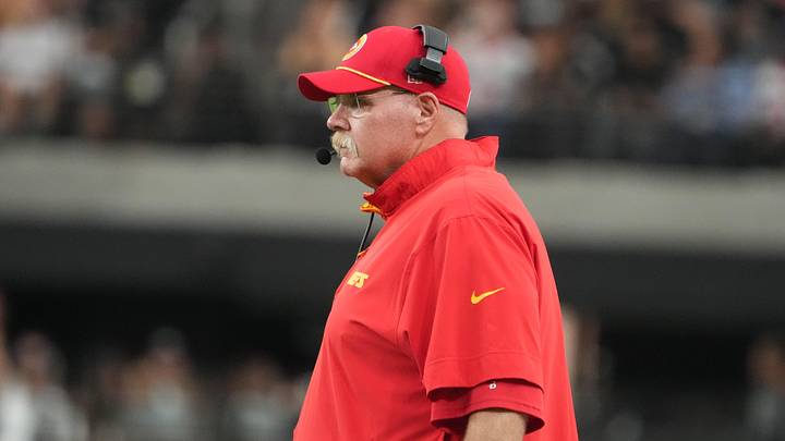 Oct 27, 2024; Paradise, Nevada, USA; Kansas City Chiefs coach Andy Reid reacts in the second half against the Las Vegas Raiders at Allegiant Stadium. Mandatory Credit: Kirby Lee-Imagn Images