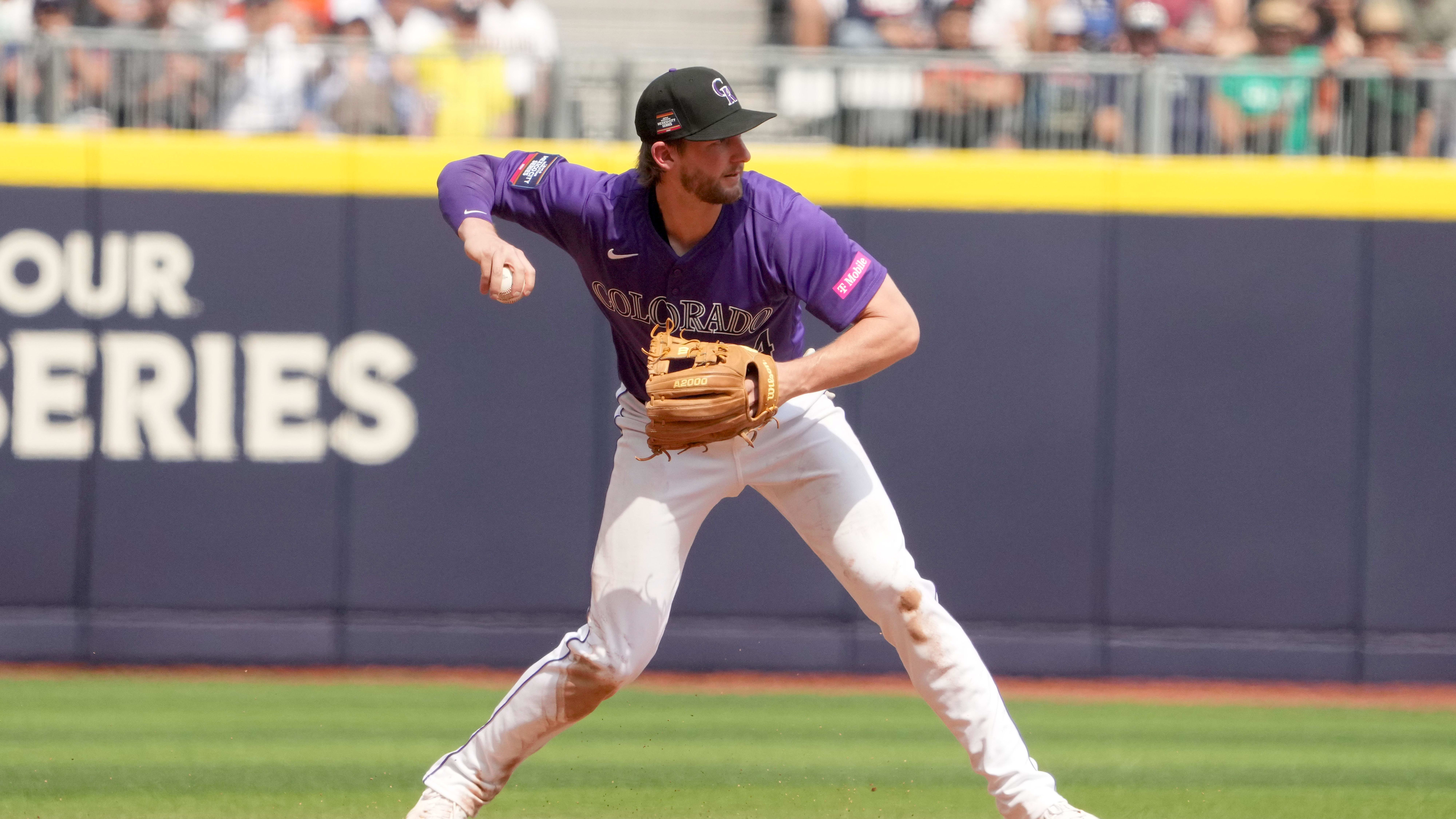 Apr 28, 2024; Mexico City, Mexico; Colorado Rockies third baseman Ryan McMahon (24) throws the ball.