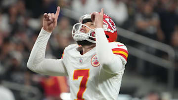 Oct 27, 2024; Paradise, Nevada, USA; Kansas City Chiefs place kicker Harrison Butker (7) reacts after a field goal against the Las Vegas Raiders in the second half at Allegiant Stadium. Mandatory Credit: Kirby Lee-Imagn Images
