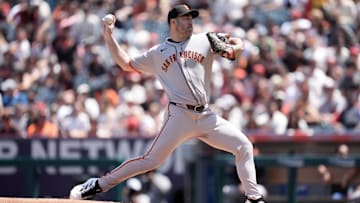 Apr 20, 2025; Anaheim, California, USA; San Francisco Giants starting pitcher Justin Verlander (35) throws in the first inning against the Los Angeles Angels at Angel Stadium. 