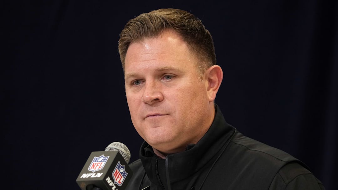 Feb 25, 2025; Indianapolis, IN, USA; Green Bay Packers general manager Brian Gutekunst speaks during the NFL Scouting Combine at the Indiana Convention Center. Mandatory Credit: Kirby Lee-Imagn Images