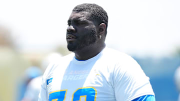 May 27, 2025; El Segundo, CA, USA; Los Angeles Chargers guard Mekhi Becton (73) during organized team activities at The Bolt. Mandatory Credit: Kirby Lee-Imagn Images