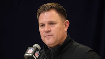 Feb 25, 2025; Indianapolis, IN, USA; Green Bay Packers general manager Brian Gutekunst speaks during the NFL Scouting Combine at the Indiana Convention Center. Mandatory Credit: Kirby Lee-Imagn Images