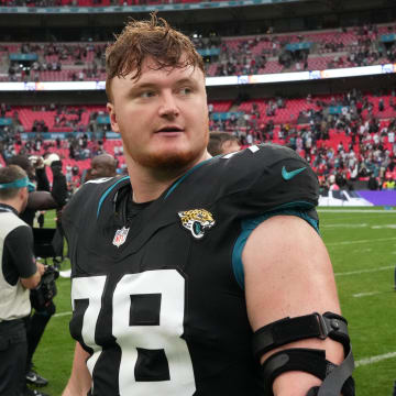 Oct 1, 2023; London, United Kingdom; Jacksonville Jaguars offensive tackle Ben Bartch (78) reacts after an NFL International Series game against the Atlanta Falcons at Wembley Stadium. Mandatory Credit: Kirby Lee-USA TODAY Sports
