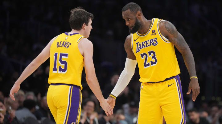 Jan 17, 2024; Los Angeles, California, USA; Los Angeles Lakers forward LeBron James (23) congratulates guard Austin Reaves (15) in the second half against the Dallas Mavericks at Crypto.com Arena. Mandatory Credit: Kirby Lee-USA TODAY Sports