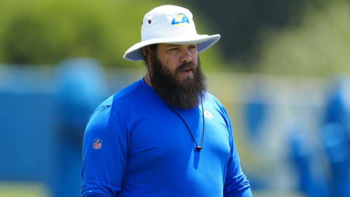 May 21, 2024, Thousand Oaks, California, USA; Los Angeles Rams offensive line coach Ryan Wendell during organized team activities at Cal Lutheran University. Mandatory Credit: Kirby Lee-USA TODAY Sports