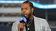 Oct 24, 2024; Inglewood, California, USA; Richard Sherman on the Thursday Night Football Tonight set  at SoFi Stadium. Mandatory Credit: Kirby Lee-Imagn Images