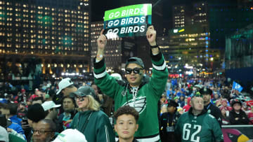 Apr 25, 2024; Detroit, MI, USA; Philadelphia Eagles fans react during the 2024 NFL Draft at Campus