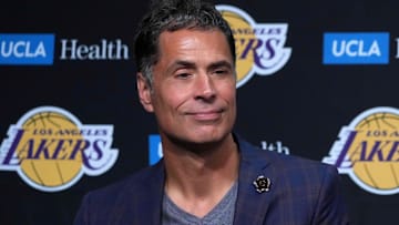 Los Angeles Lakers general manager Rob Pelinka at a press conference at crypto.com Arena