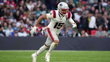 Oct 20, 2024; London, United Kingdom; New England Patriots safety Marte Mapu (15) against the Jacksonville Jaguars in the second half of an NFL International Series game at Wembley Stadium. Mandatory Credit: Kirby Lee-Imagn Images