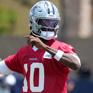Dallas Cowboys quarterback Joe Milton throws the ball at training camp at the River Ridge Fields.