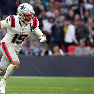 Oct 20, 2024; London, United Kingdom; New England Patriots safety Marte Mapu (15) against the Jacksonville Jaguars in the second half of an NFL International Series game at Wembley Stadium. Mandatory Credit: Kirby Lee-Imagn Images