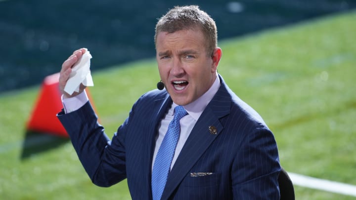 Jan 1, 2024; Pasadena, CA, USA; Kirk Herbstreit on the ESPN College Gameday set at the 2024 Rose Bowl college football playoff semifinal game at Rose Bowl.