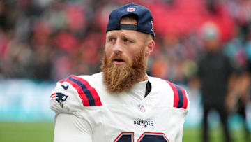 Oct 20, 2024; London, United Kingdom; New England Patriots place kicker Joey Slye (13) reacts during an NFL International Series game against the Jacksonville Jaguars at Wembley Stadium. Mandatory Credit: Kirby Lee-Imagn Images