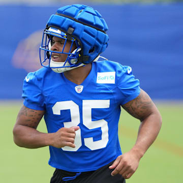 May 28, 2025; Woodland Hills, CA, USA; Los Angeles Rams running back Jarquez Hunter (35) during organized team activities at Rams Practice Facility. Mandatory Credit: Kirby Lee-Imagn Images