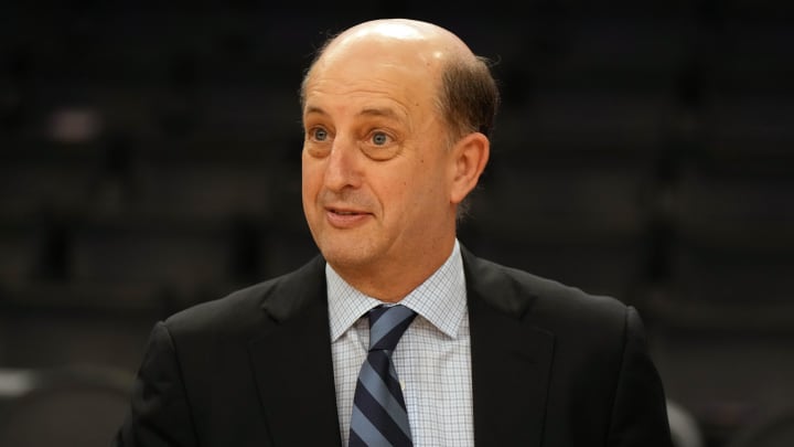 Mar 12, 2023; Los Angeles, California, USA; ESPN commentator Jeff Van Gundy during the game between the Los Angeles Lakers and the New York Knicks Crypto.com Arena. Mandatory Credit: Kirby Lee-USA TODAY Sports